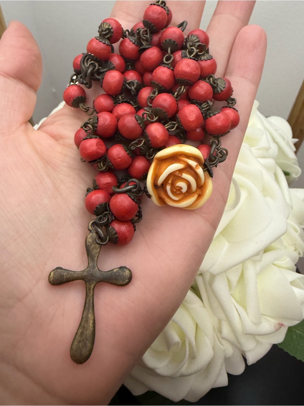 Vintage Red Bead Rosary Necklace with Rose Pendant